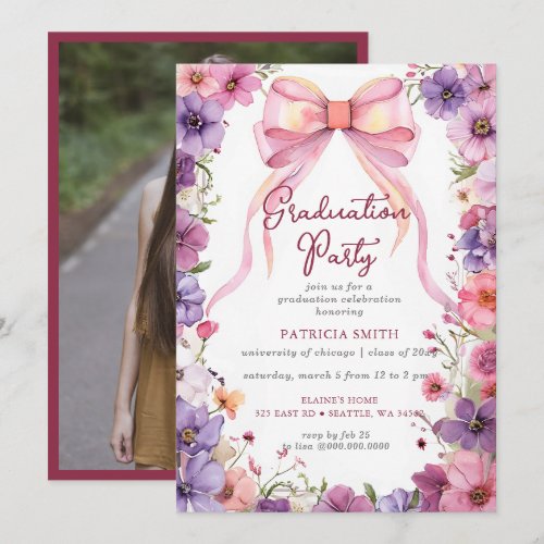 Floral Pink Bow Coquette Photo Graduation Party