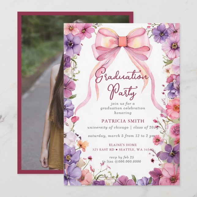 Floral Pink Bow Coquette Photo Graduation Party Invitation (Front/Back)