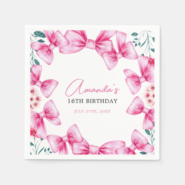 Floral Pink Bow Coquette Sweet 16 Birthday Napkins (Front)