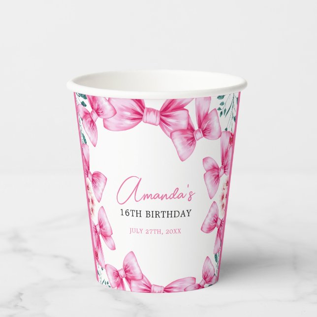 Floral Pink Bow Coquette Sweet 16 Birthday Paper Cups (Front)