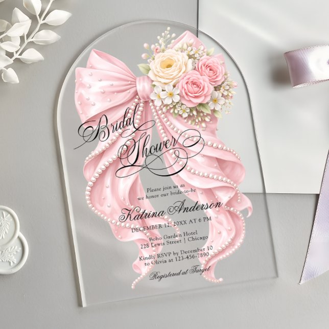 Floral Pink Bow Elegant Bridal Shower  Acrylic Invitations (Creator Uploaded)