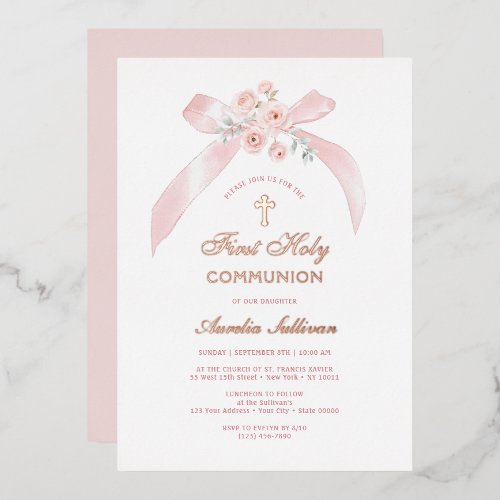 Floral Pink Bow First Holy Communion Foil Invitation