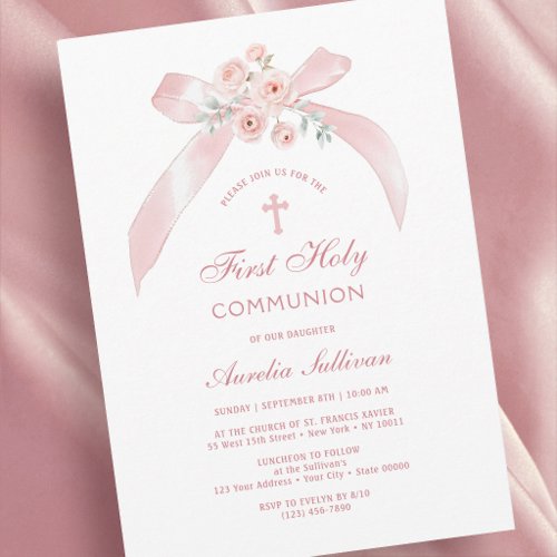 Floral Pink Bow First Holy Communion Invitation