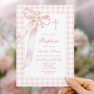 Floral Pink Bow Gingham Baptism Invitation