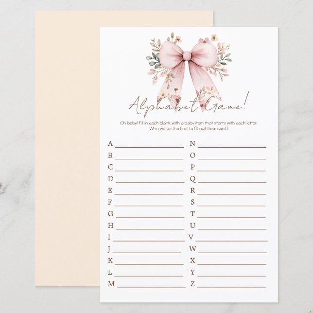 Floral Pink Bow Girl Baby Shower Alphabet (Front/Back)