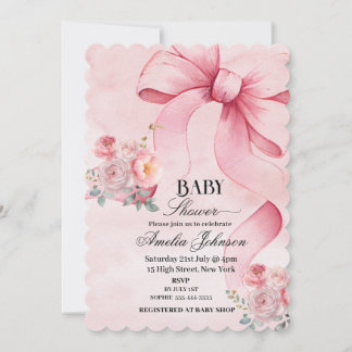 Floral Pink  Bow Girl Baby Shower Invitation