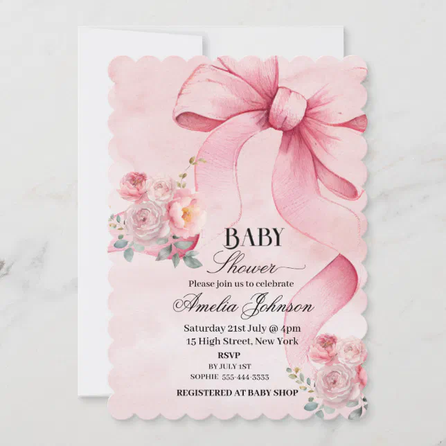 Floral Pink Bow Girl Baby Shower Invitation | Zazzle