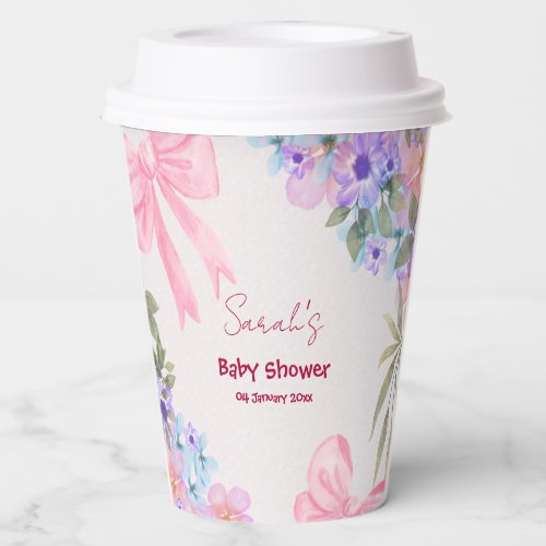Floral Pink Bow Girl Baby Shower Paper Cups