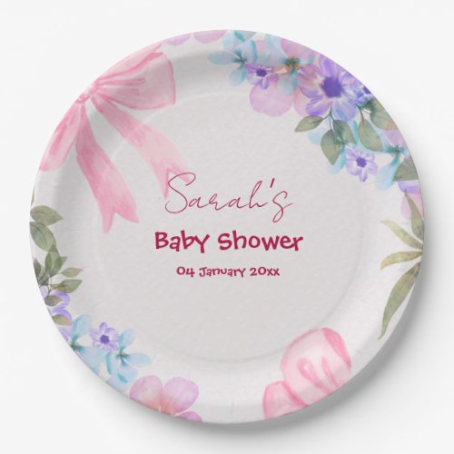 Floral Pink Bow Girl Baby Shower Paper Plates