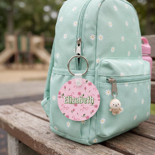 Floral Pink Bow Girl Personalized School Bag Tag Keychain