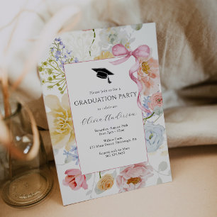 Floral Pink Bow Graduation Party Invitation