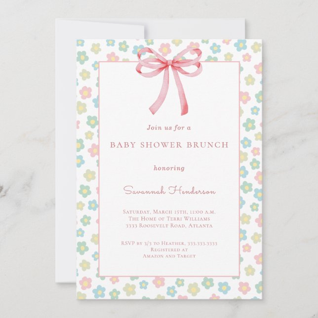 Floral Pink Bow Ribbon Baby Shower Brunch  Invitation (Front)