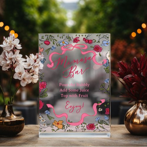 Floral Pink Bow Shes Tying the Knot Mimosa Bar  Acrylic Sign