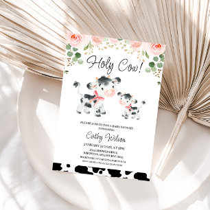 Floral Pink Bows Holy Cow Baby Shower Invitation