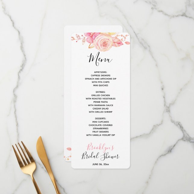 Floral Pink Bridal Shower Menu Card (Front/Back In Situ)