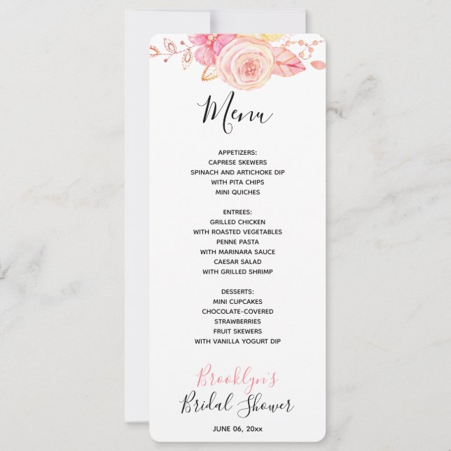 Floral Pink Bridal Shower Menu Invitation (Front)