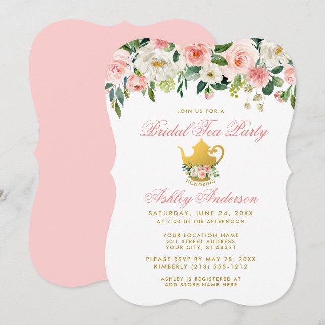Floral Pink Bridal Shower Tea Party Invite Gold (Front/Back)