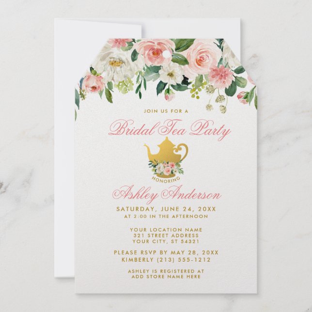 Floral Pink Bridal Shower Tea Party Invite Gold T (Front)