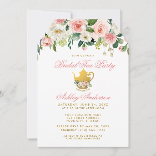 Floral Pink Bridal Shower Tea Party Invite Gold T