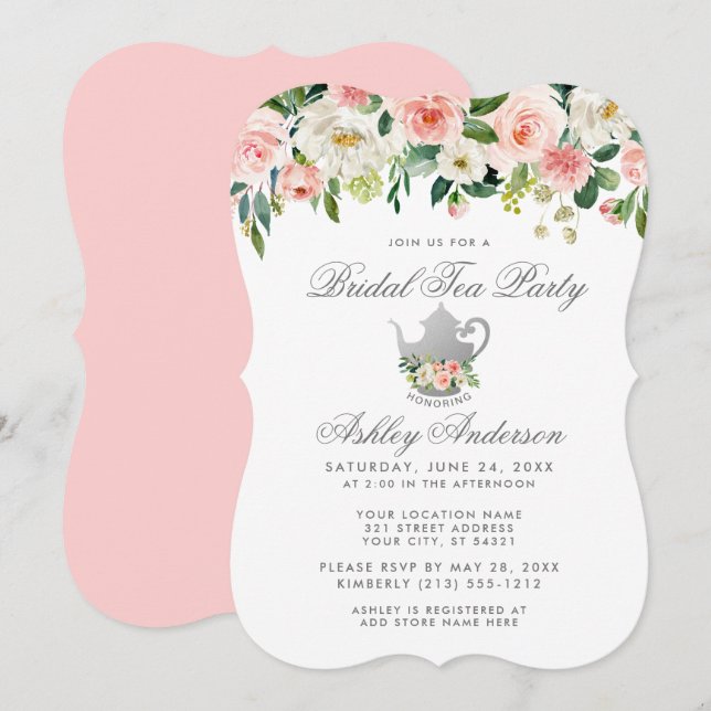 Floral Pink Bridal Shower Tea Party Silver Invite (Front/Back)
