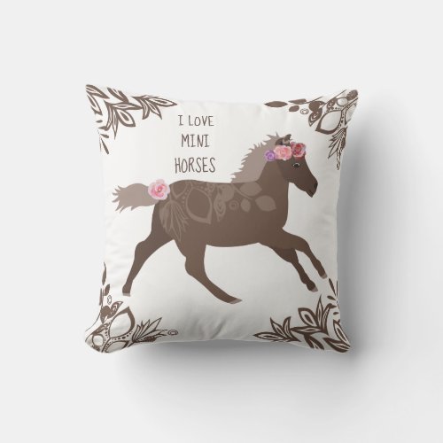 Floral Pink Brown Galloping Pony Girls Throw Pillow