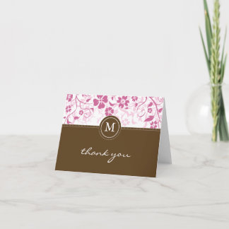 Floral Pink Brown Monogram Thank You Card