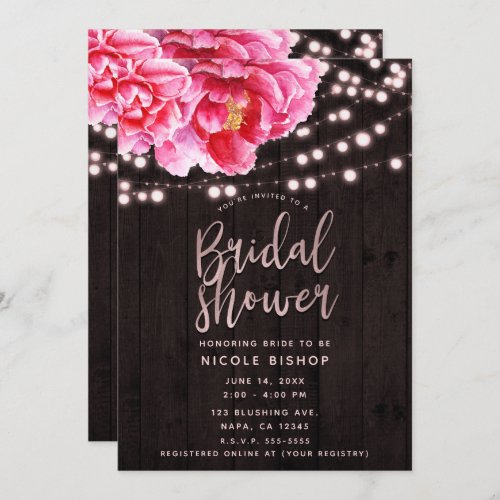 Floral Pink Brown Rustic Wood Lights Bridal Shower Invitation