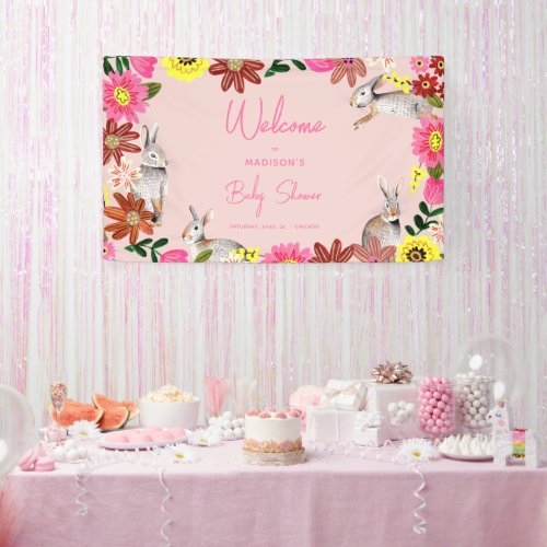 Floral Pink bunnies Baby Shower Party Banner