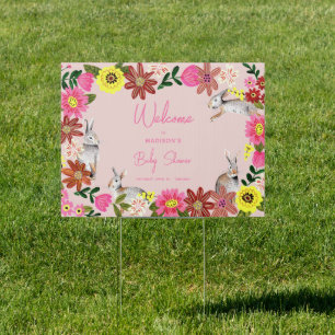 Floral Pink bunnies Baby Shower Party Banner Sign