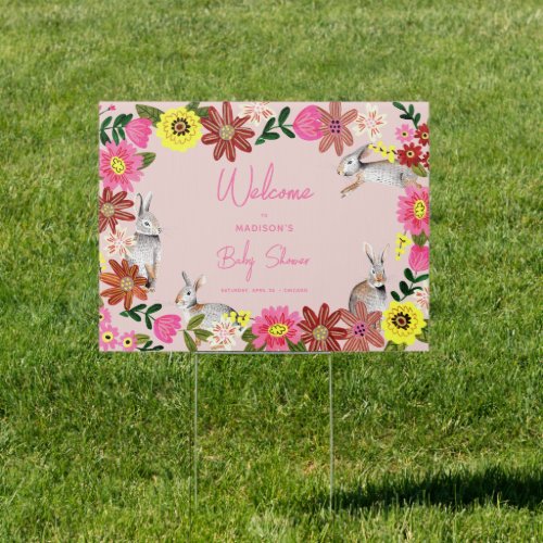 Floral Pink bunnies Baby Shower Party Banner Sign