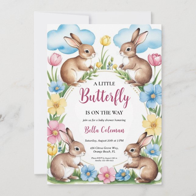 floral pink bunny baby shower invitations (Front)