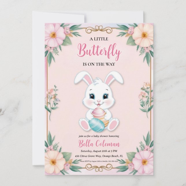 floral pink bunny baby shower invitations (Front)