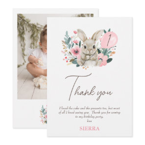 Floral Pink Bunny Birthday Thank You Card