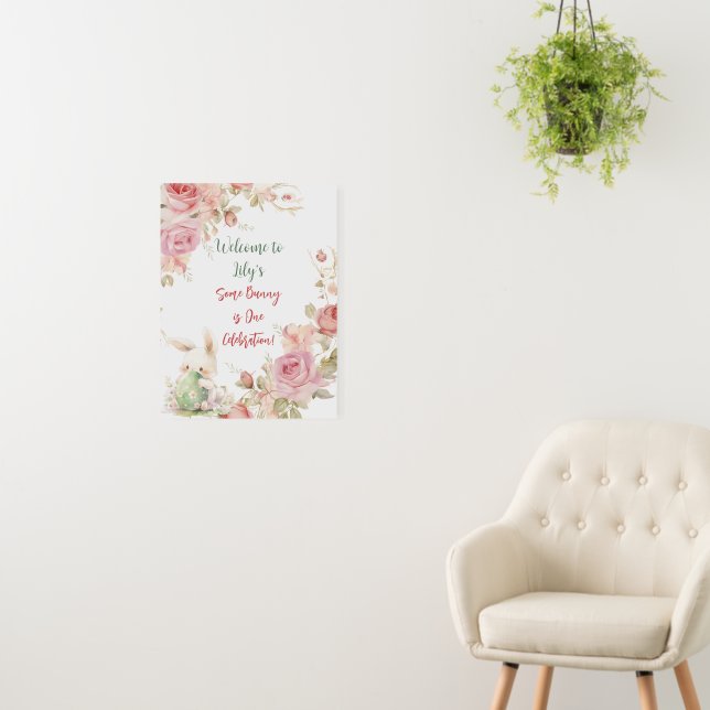 Floral Pink Bunny first Birthday Welcome Sign (In Situ (Wall))