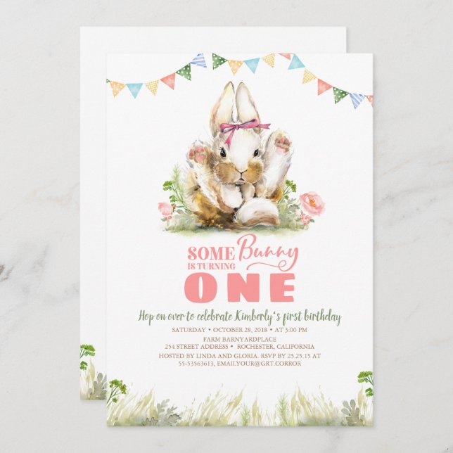Floral Pink Bunny Girls Birthday Invitation (Front/Back)