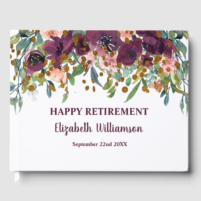 Floral Pink , Burgundy  And Glitter Retirement Guest Book (Front)