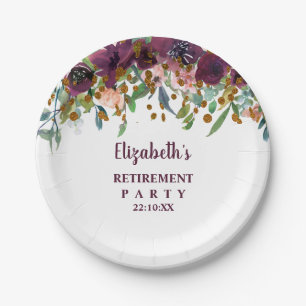 Floral Pink, Burgundy and Glitter Retirement Party Paper Plates