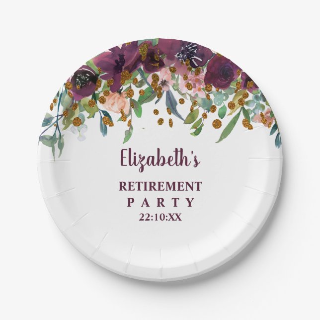 Floral Pink, Burgundy and Glitter Retirement Party Paper Plates (Front)