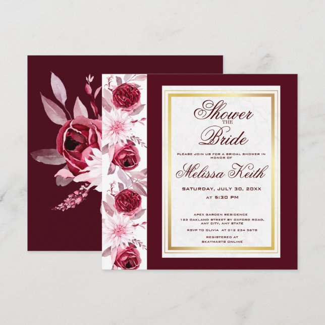 Floral Pink Burgundy Script Bridal Shower Square Invitation (Front/Back)