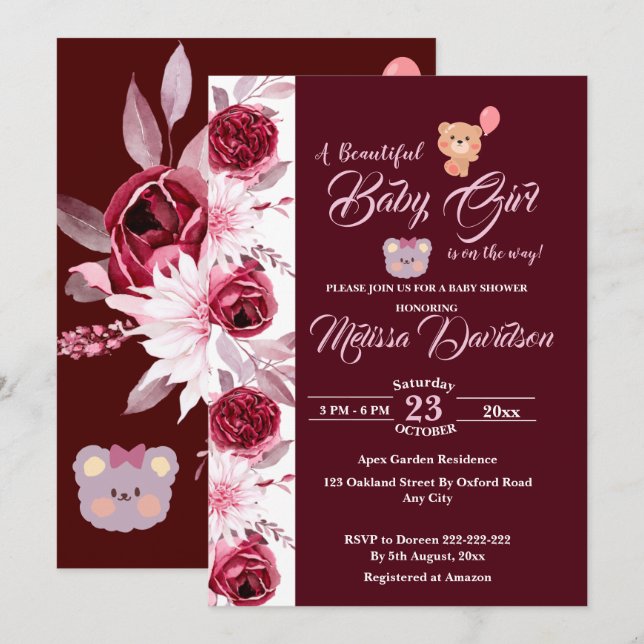 Floral Pink Burgundy Watercolor Girl Baby Shower  Invitation (Front/Back)