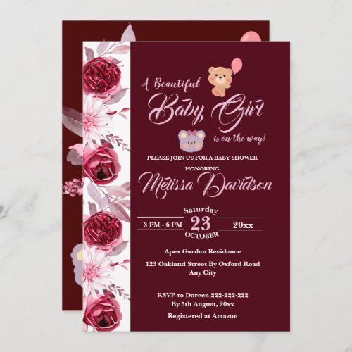 Floral Pink Burgundy Watercolor Girl Baby Shower  Invitation