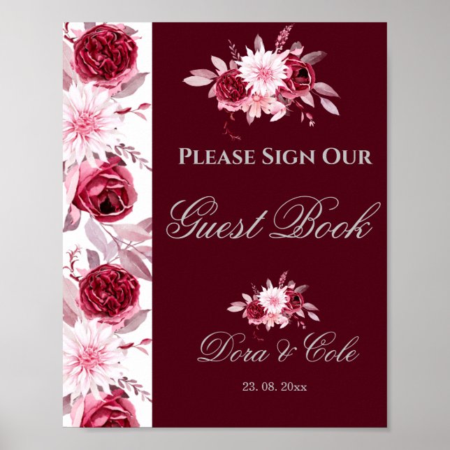 Floral Pink Burgundy Wedding Guest Book Poster (Front)