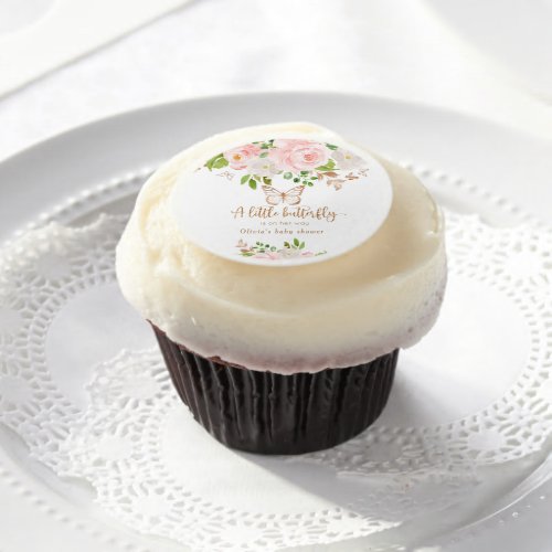 Floral pink butterfly baby shower edible frosting rounds