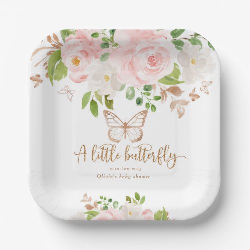 Floral pink butterfly baby shower paper plates