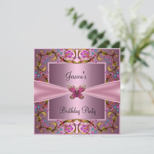 Floral Pink Butterfly Birthday Party Invitation | Zazzle