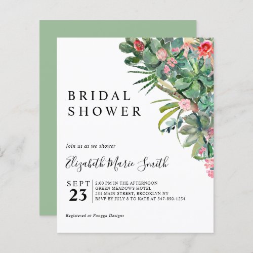 Floral Pink Cactus Budget Bridal Shower Invitation