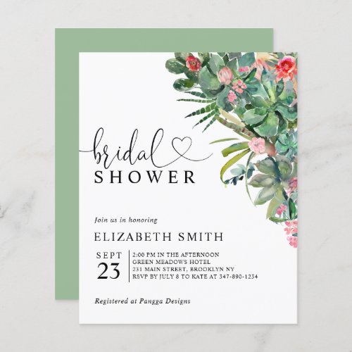 Floral Pink Cactus Budget Bridal Shower Invitation