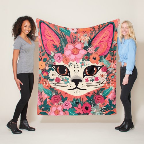 Floral Pink Cat  Cozy Comfort for Special Days  Fleece Blanket