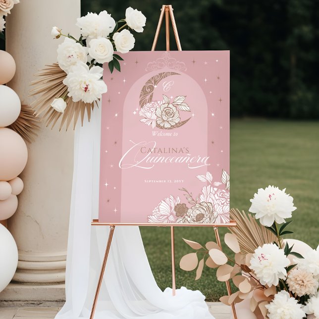 Floral Pink Celestial Moon Quinceanera Welcome Foam Board (Floral Pink Celestial Moon Quinceanera Welcome Foam Board)