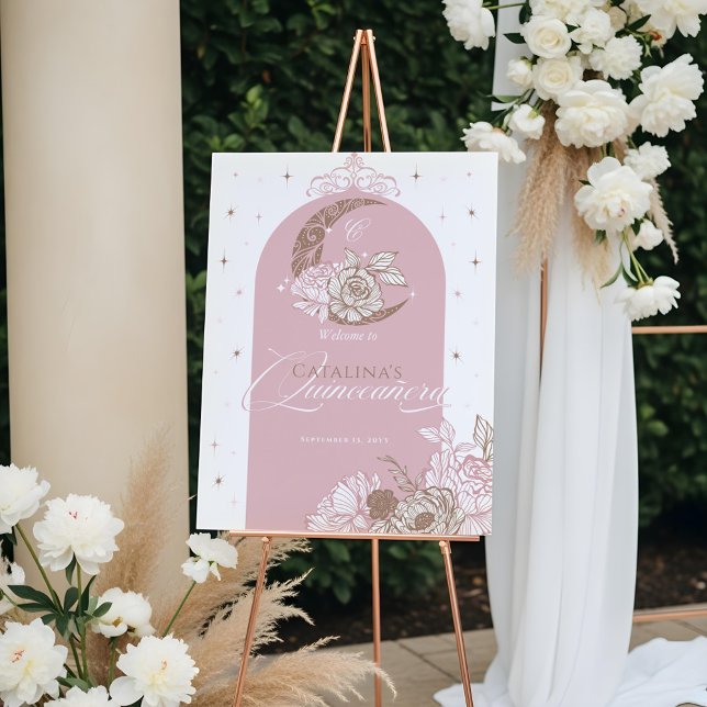 Floral Pink Celestial Moon Quinceanera Welcome Foam Board (Floral Pink Celestial Moon Quinceanera Welcome Foam Board)